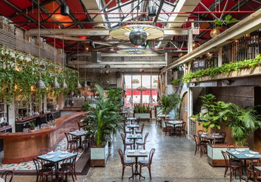 A-restaurant-with-high-ceilings-and-greenery