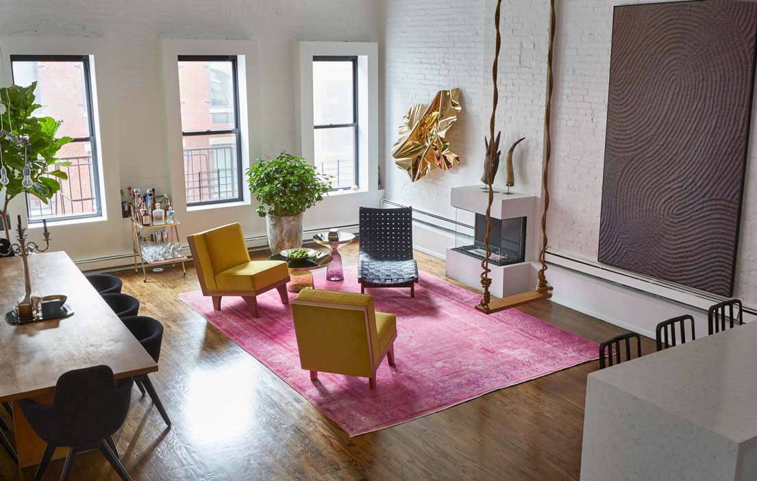 cocoon boto Living room with with swing pink rug glass fireplace unique art and plants