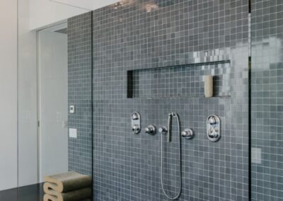 cocoon eximia double shower blue tile bathroom