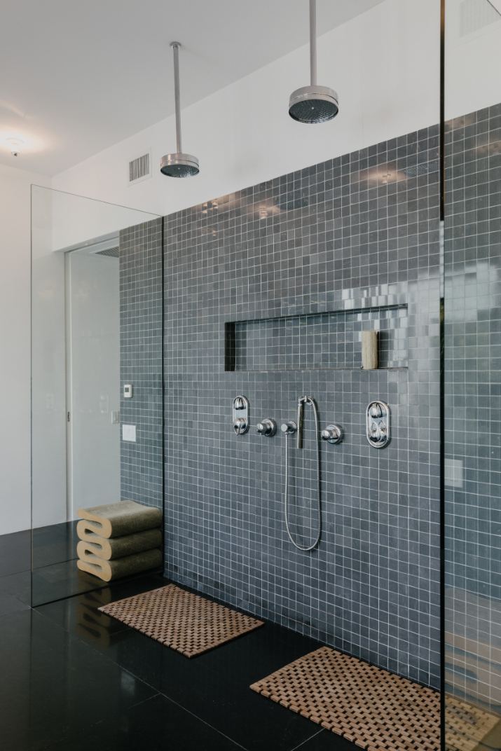 cocoon eximia double shower blue tile bathroom