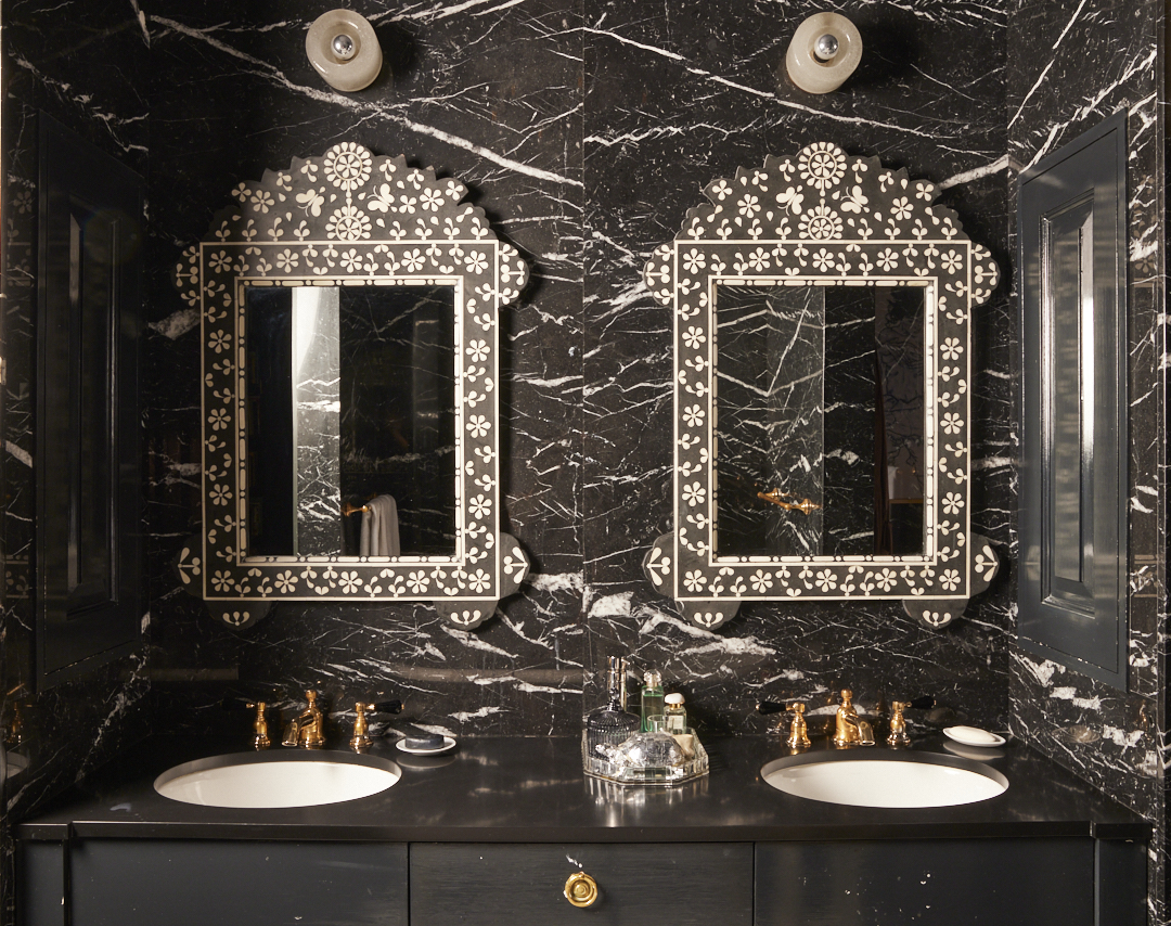 Casa Maxima 22 Black Marble Double Vanity in Primary Bathroom