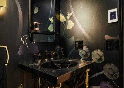 cocoon casa strand third black bathroom with unique wallpaper sink area mirror
