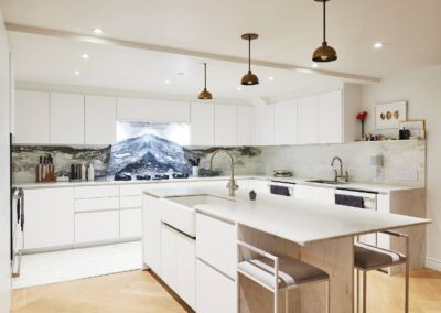 cocoon casa strand white marble kitchen and island